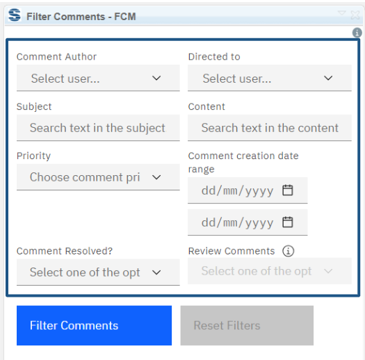 Choose filtering options like comment author, subject, priority, content, directed to, date range